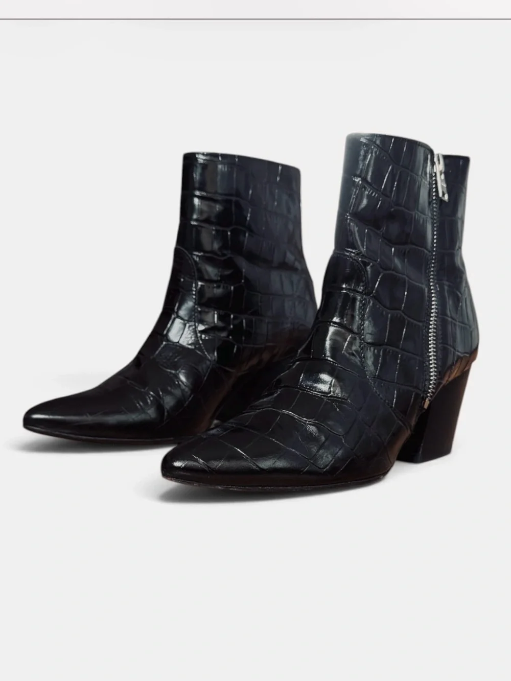 AllSaints Aster Croc Embossed Black Leather Boots Size 37